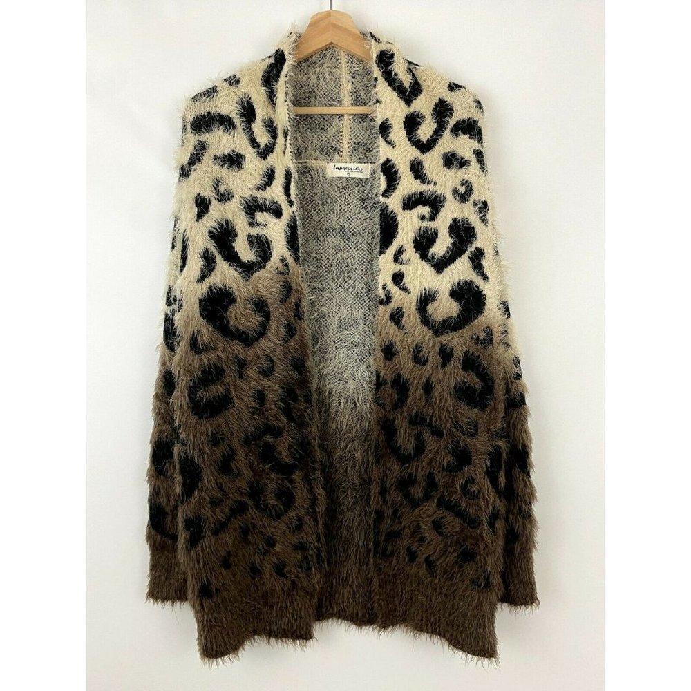 Impressions‎ S/M Animal Print Ombre Open Front Eyelash Cardigan Sweater